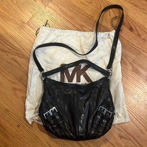 Michael Kors black leather crescent shoulder/crossbody EUC with silver hardware